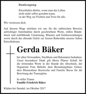 Traueranzeige von Gerda Bäker  von Magdeburger Volksstimme