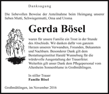 Traueranzeige von Gerda Bösel  von Magdeburger Volksstimme