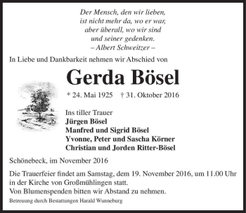 Traueranzeige von Gerda Bösel  von Magdeburger Volksstimme