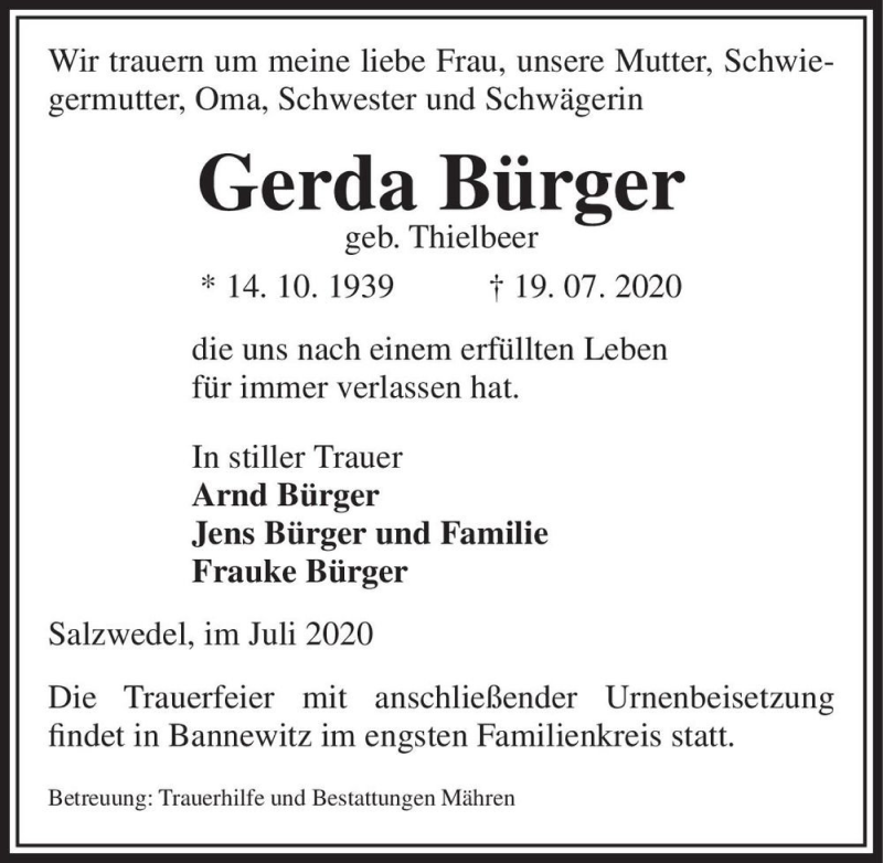 Traueranzeige für Gerda Bürger (geb. Thielbeer)  vom 21.07.2020 aus Magdeburger Volksstimme