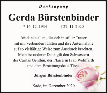 Traueranzeige von Gerda Bürstenbinder  von Magdeburger Volksstimme