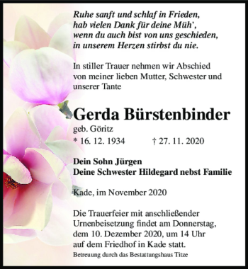 Traueranzeige von Gerda Bürstenbinder (geb. Göritz)  von Magdeburger Volksstimme