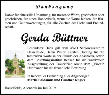 Traueranzeige von Gerda Büttner  von Magdeburger Volksstimme