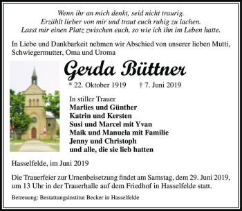 Traueranzeige von Gerda Büttner  von Magdeburger Volksstimme