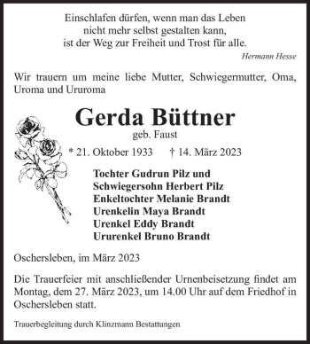 Traueranzeige von Gerda Büttner (geb. Faust)  von Magdeburger Volksstimme