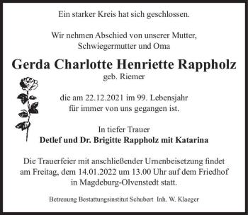 Traueranzeige von Gerda Charlotte Henriette Rappholz (geb. Riemer)  von Magdeburger Volksstimme