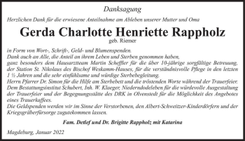 Traueranzeige von Gerda Charlotte Henriette Rappholz (geb. Riemer)  von Magdeburger Volksstimme