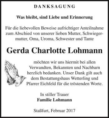 Traueranzeige von Gerda Charlotte Lohmann  von Magdeburger Volksstimme