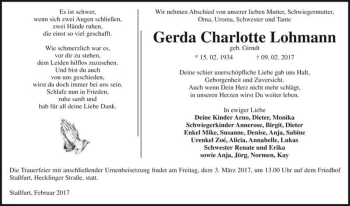 Traueranzeige von Gerda Charlotte Lohmann (geb. Girndt)  von Magdeburger Volksstimme