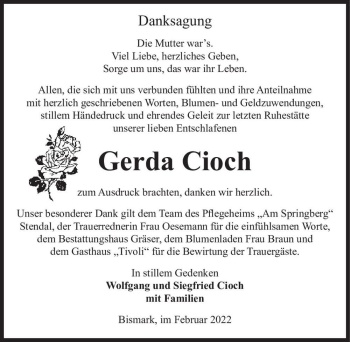Traueranzeige von Gerda Cioch  von Magdeburger Volksstimme