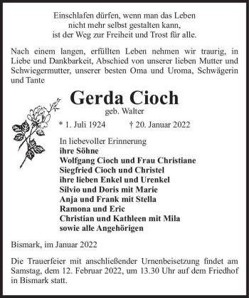 Traueranzeige von Gerda Cioch (geb. Walter)  von Magdeburger Volksstimme