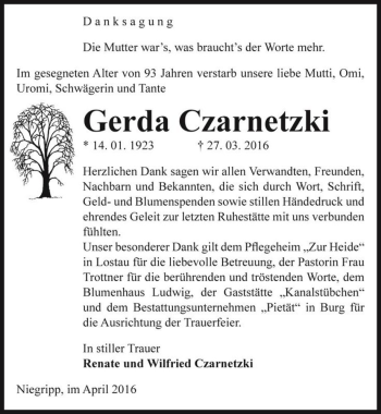 Traueranzeige von Gerda Czarnetzki  von Magdeburger Volksstimme