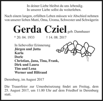 Traueranzeige von Gerda Cziel (geb. Dannhauer)  von Magdeburger Volksstimme