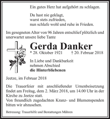 Traueranzeige von Gerda Danker  von Magdeburger Volksstimme