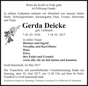 Traueranzeige von Gerda Deicke (geb. Leßmann)  von Magdeburger Volksstimme