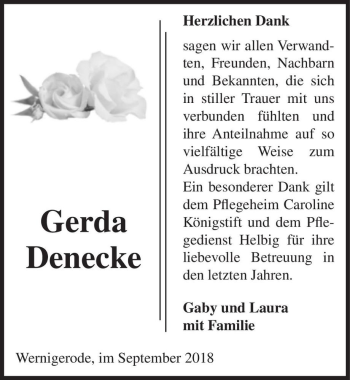Traueranzeige von Gerda Denecke  von Magdeburger Volksstimme