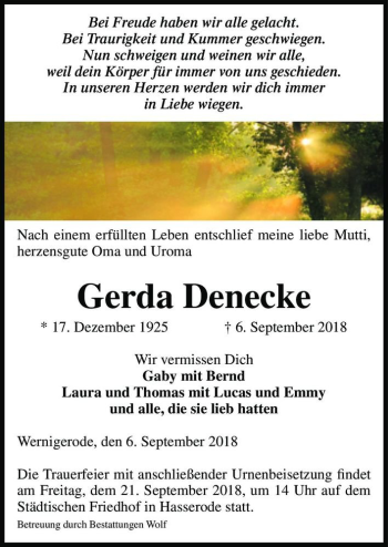 Traueranzeige von Gerda Denecke  von Magdeburger Volksstimme