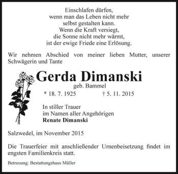 Traueranzeige von Gerda Dimanski (geb. Bammel)  von Magdeburger Volksstimme