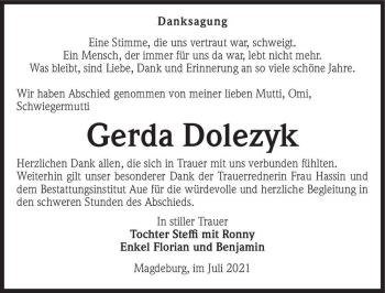Traueranzeige von Gerda Dolezyk  von Magdeburger Volksstimme
