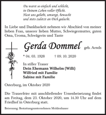 Traueranzeige von Gerda Dommel (geb. Arnds)  von Magdeburger Volksstimme