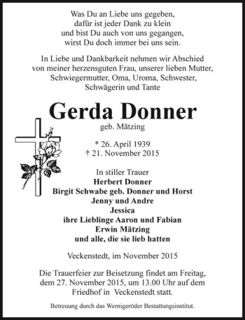 Traueranzeige von Gerda Donner (geb. Mätzing)  von Magdeburger Volksstimme