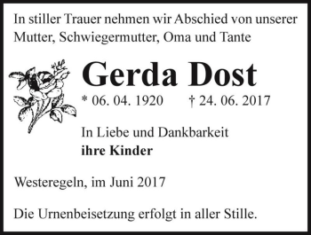 Traueranzeige von Gerda Dost  von Magdeburger Volksstimme