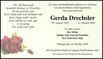Traueranzeige von Gerda Drechsler  von Magdeburger Volksstimme