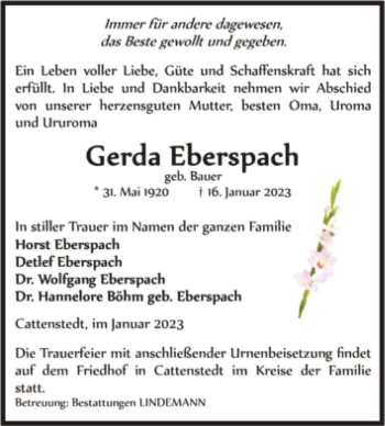 Traueranzeige von Gerda Eberspach (geb. Bauer)  von Magdeburger Volksstimme