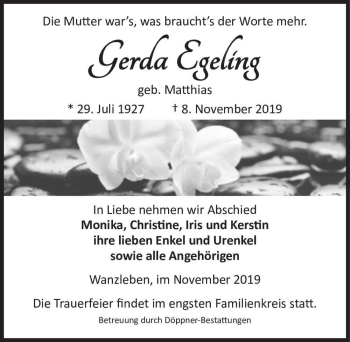 Traueranzeige von Gerda Egeling (geb. Matthias)  von Magdeburger Volksstimme