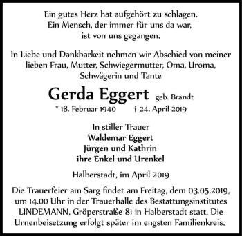 Traueranzeige von Gerda Eggert (geb. Brandt)  von Magdeburger Volksstimme