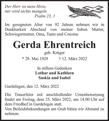 Traueranzeige von Gerda Ehrentreich (geb. Krüger)  von Magdeburger Volksstimme