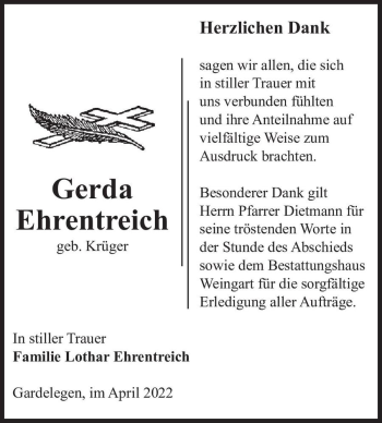 Traueranzeige von Gerda Ehrentreich (geb. Krüger)  von Magdeburger Volksstimme