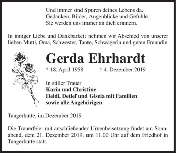 Traueranzeige von Gerda Ehrhardt  von Magdeburger Volksstimme