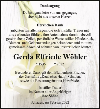 Traueranzeige von Gerda Elfriede Wöhler  von Magdeburger Volksstimme