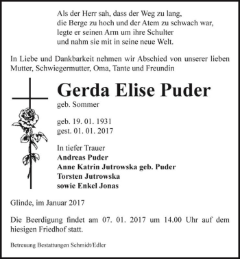 Traueranzeige von Gerda Elise Puder (geb. Sommer)  von Magdeburger Volksstimme