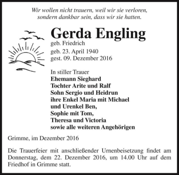 Traueranzeige von Gerda Engling (geb. Friedrich)  von Magdeburger Volksstimme