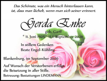 Traueranzeige von Gerda Enke (geb. Garff)  von Magdeburger Volksstimme