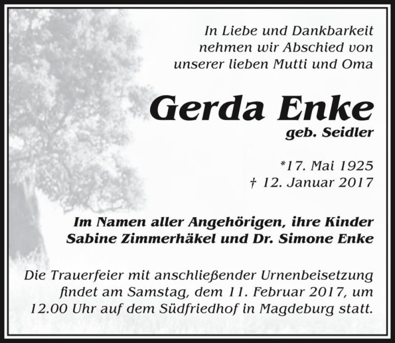  Traueranzeige für Gerda Enke (geb. Seidler)  vom 28.01.2017 aus Magdeburger Volksstimme