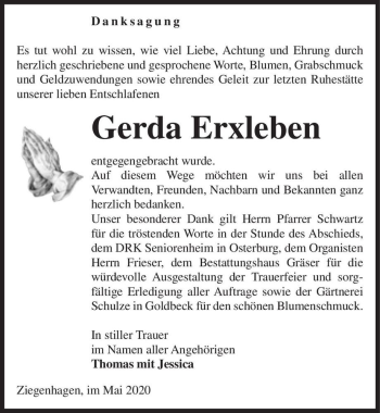 Traueranzeige von Gerda Erxleben  von Magdeburger Volksstimme