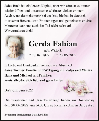 Traueranzeige von Gerda Fabian (geb. Witteck)  von Magdeburger Volksstimme