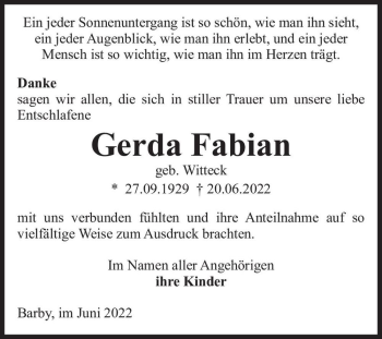 Traueranzeige von Gerda Fabian (geb. Witteck)  von Magdeburger Volksstimme
