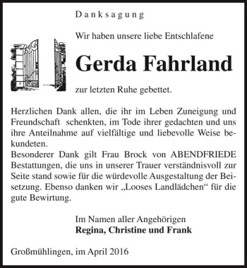 Traueranzeige von Gerda Fahrland  von Magdeburger Volksstimme