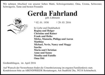 Traueranzeige von Gerda Fahrland (geb. Lühmann)  von Magdeburger Volksstimme