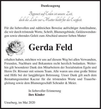 Traueranzeige von Gerda Feld  von Magdeburger Volksstimme