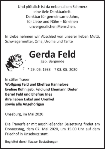 Traueranzeige von Gerda Feld (geb. Bergunde)  von Magdeburger Volksstimme