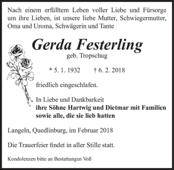 Traueranzeige von Gerda Festerling (geb. Tropschug)  von Magdeburger Volksstimme