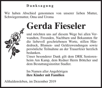 Traueranzeige von Gerda Fieseler  von Magdeburger Volksstimme