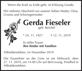 Traueranzeige von Gerda Fieseler (geb. Reichel)  von Magdeburger Volksstimme