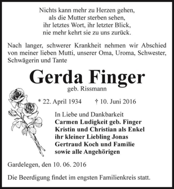 Traueranzeige von Gerda Finger (geb. Rissmann)  von Magdeburger Volksstimme
