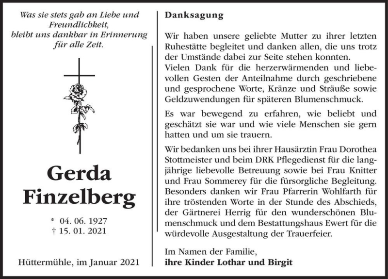  Traueranzeige für Gerda Finzelberg  vom 06.02.2021 aus Magdeburger Volksstimme